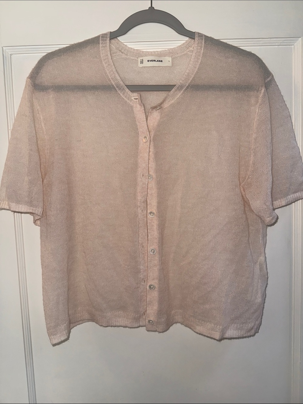 Everlane Pale Pink Short-Sleeve wool/alpaca Button Front Knit Top